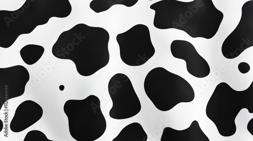 Seamless cow print pattern, black and white spots on fabric texture.