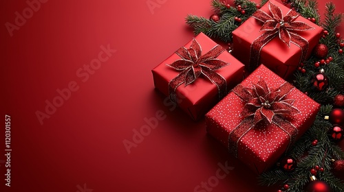 Three red gift boxes with red ribbons and bows on a red background