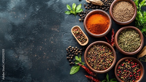 Assortment of colorful spices in bowls on a rustic background photo