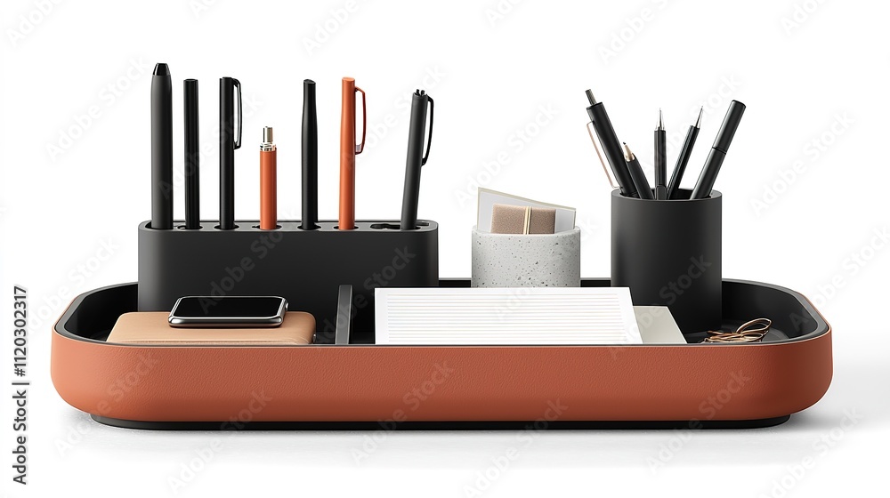 A stylish desk organizer featuring pens, notebooks, and accessories on a sleek tray, blending functionality with modern design. A stylish desk organizer featuring pens, notebooks, and accessories on a sleek tray, blending functionality with modern design.