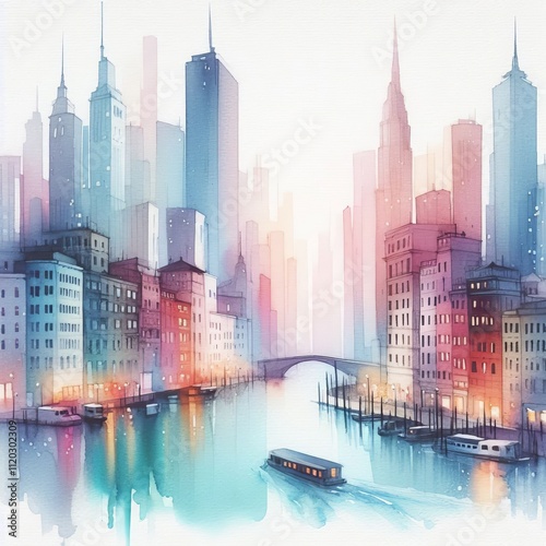 83 Watercolor Cityscape Soft flowing buildings with gentle gradi