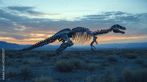 Dinosaur skeleton in desert sunset. photo