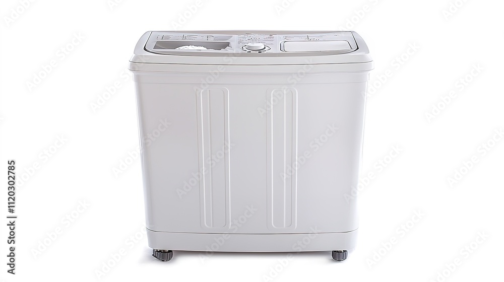 A compact, stylish washing machine designed for efficient laundry, featuring a top-loading design and wheels for easy movement. A compact, stylish washing machine designed for efficient laundry, featuring a top-loading design and wheels for easy movement.
