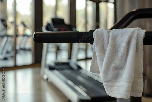 Wallpaper Mural selective focus of white towel hanging on modern treadmill in gym Torontodigital.ca
