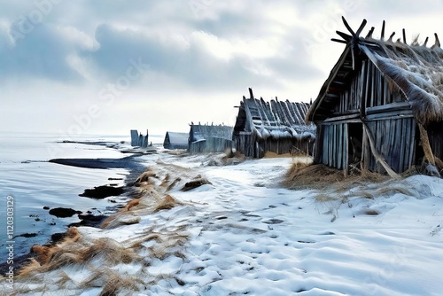 viking settlement longhouses ships and a harsh snowy landscape t