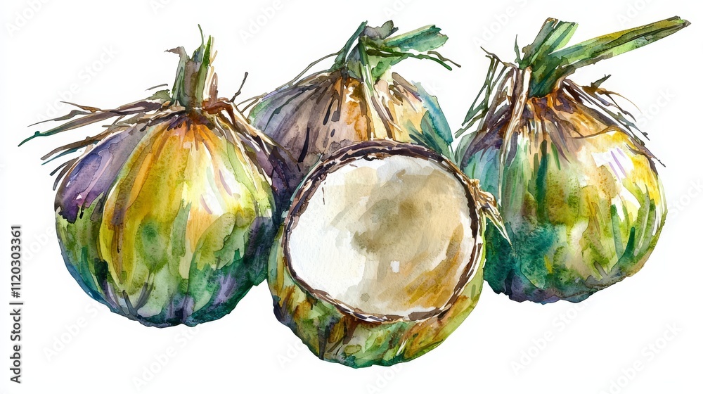 Naklejka premium A watercolor painting of three coconuts on a white background