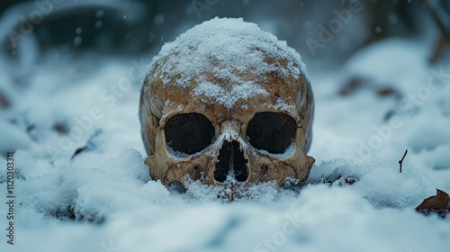 Snow-covered skull in winter forest. photo