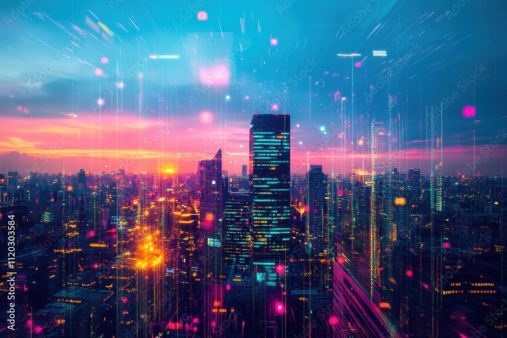 Fototapeta premium A cityscape with a sunset in the background. Generative AI