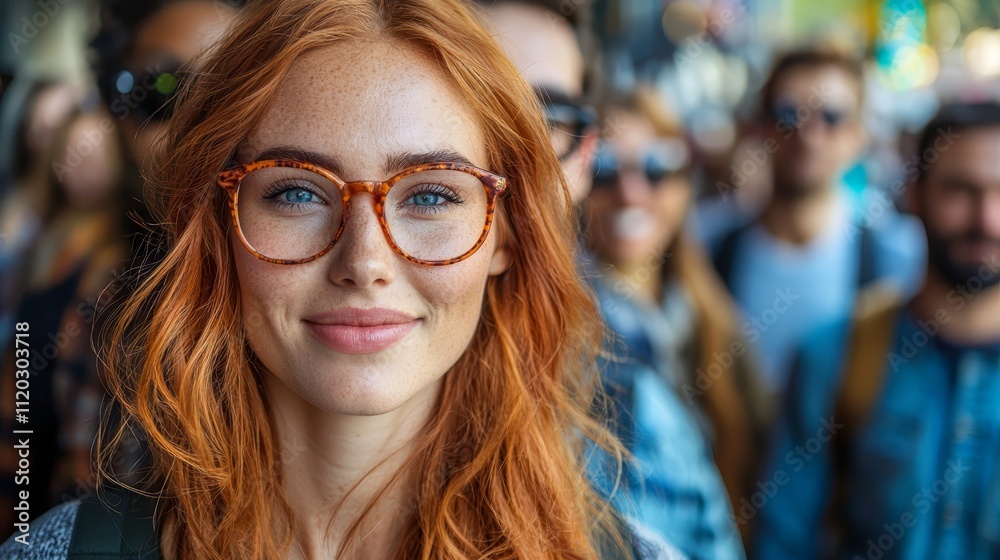 A woman with red hair and glasses standing in front of a crowd A woman with red hair and glasses standing in front of a crowd