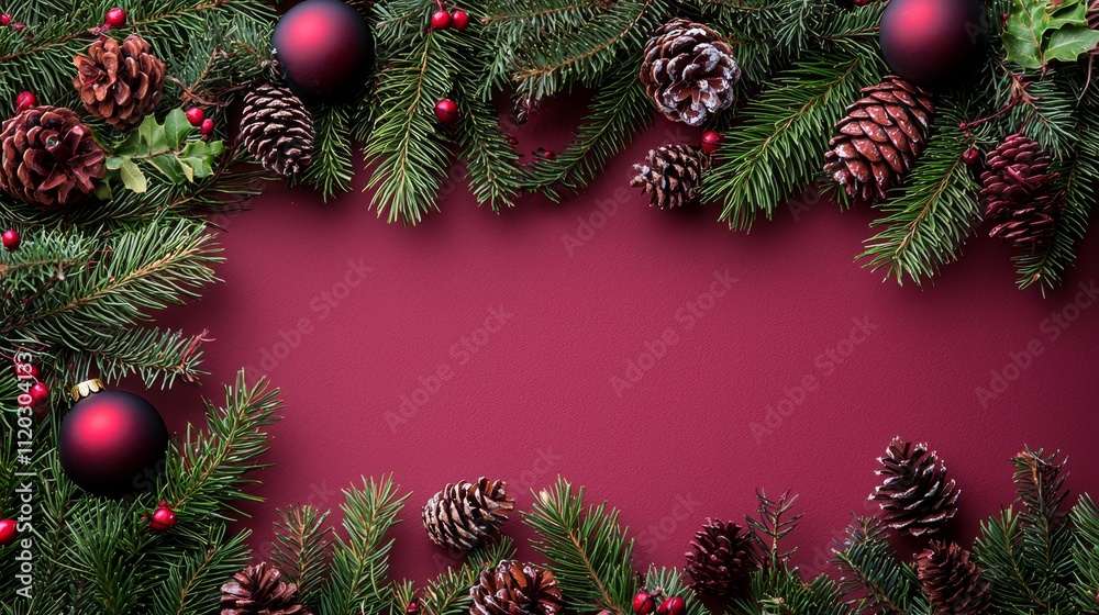 A border of pine cones and red ornaments on a red background A border of pine cones and red ornaments on a red background