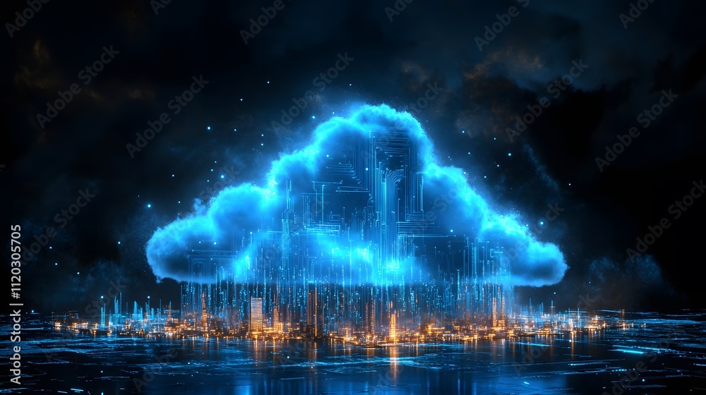 Fototapeta premium 3D cloud made of circuit board, glowing blue data flowing out from the clouds, black background,