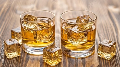 Two glasses of whiskey with ice cubes on a wooden table