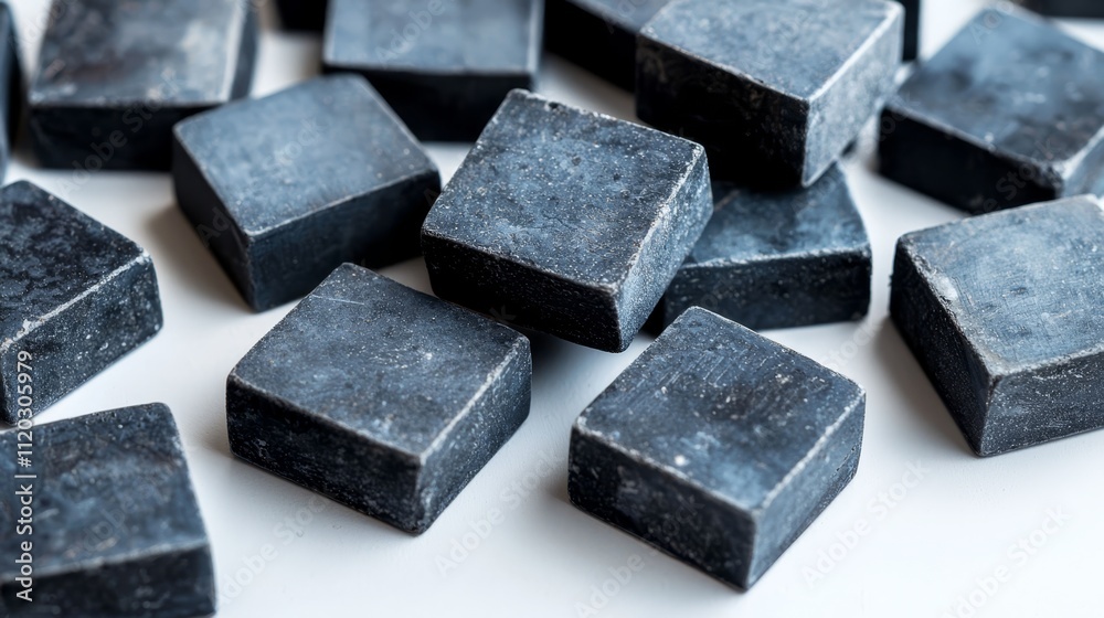 A pile of black soap cubes sitting on top of a table A pile of black soap cubes sitting on top of a table
