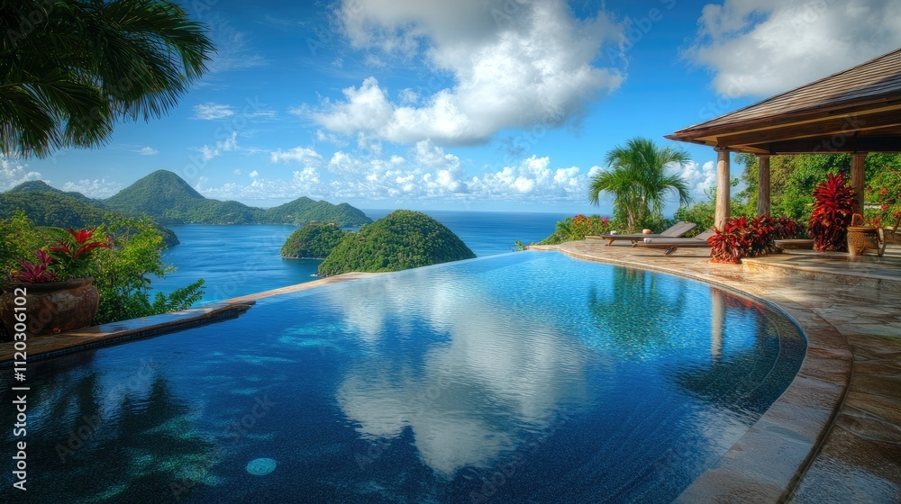 Stunning infinity pool overlooking a tropical landscape and ocean under a bright blue sky. Stunning infinity pool overlooking a tropical landscape and ocean under a bright blue sky.