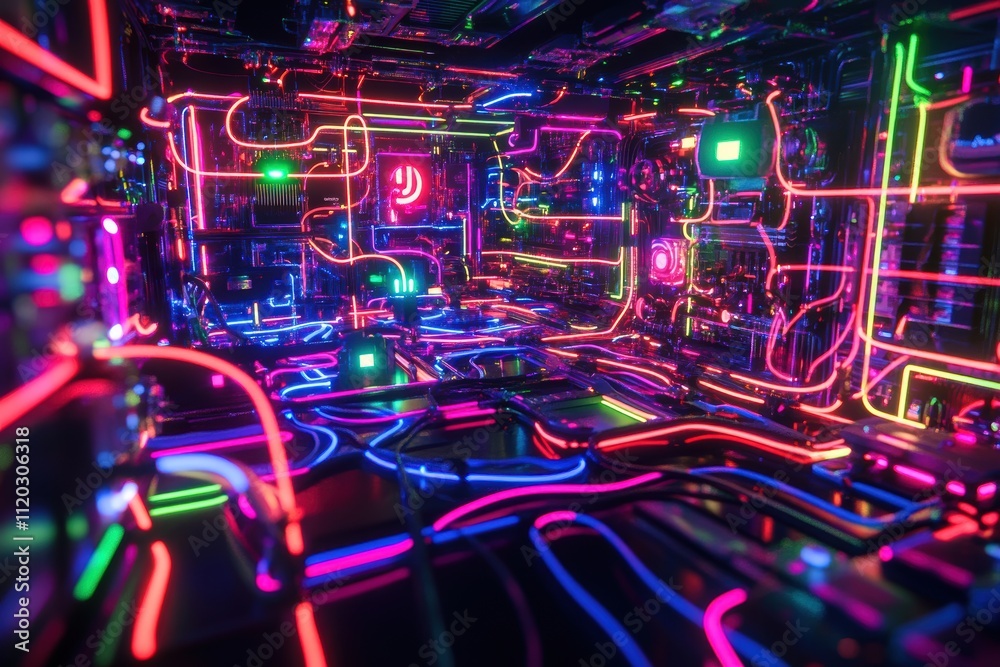 A neon room with many wires and lights. Generative AI A neon room with many wires and lights. Generative AI