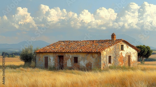 A painting of an old house in the middle of a field