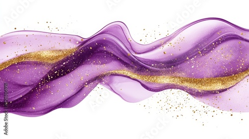 A purple and gold liquid with gold glitter on a white background