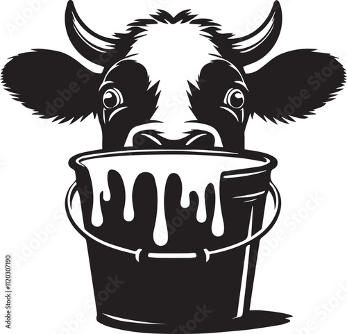 A cow peeking from behind a bucket of milk vector black silhouette