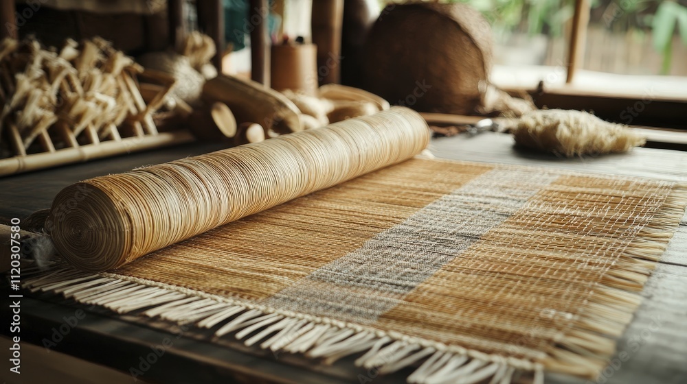 Present bamboo weaving as part of a sustainable lifestyle, showcasing an artisan's workspace surrounded by natural materials Present bamboo weaving as part of a sustainable lifestyle, showcasing an artisan's workspace surrounded by natural materials