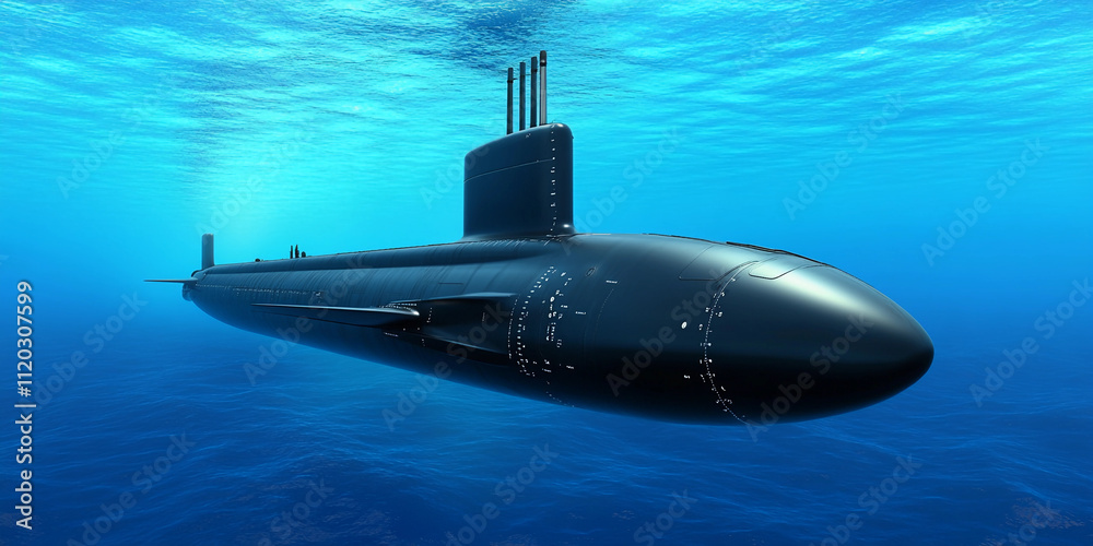 Modern submarine navigating underwater at twilight Modern submarine navigating underwater at twilight