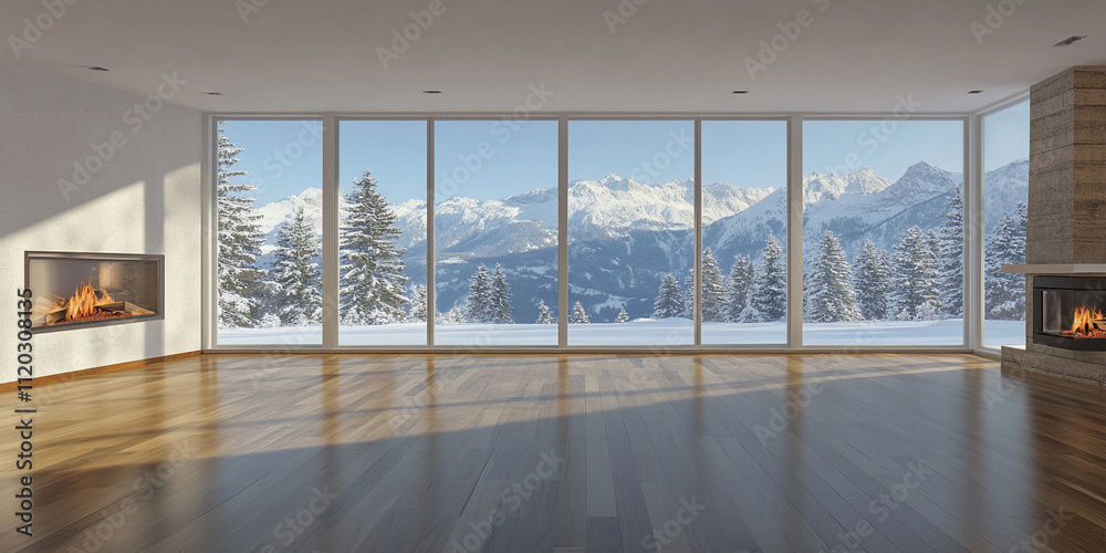 Fototapeta premium Modern living room with mountain view during winter