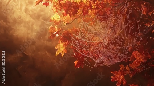 A spider web hanging from a tree branch in the fall