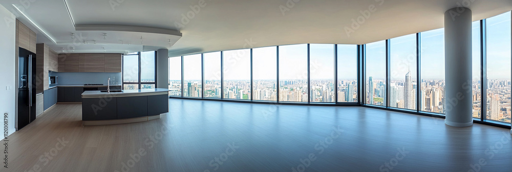 Obraz premium Spacious modern interior with city view on a clear day