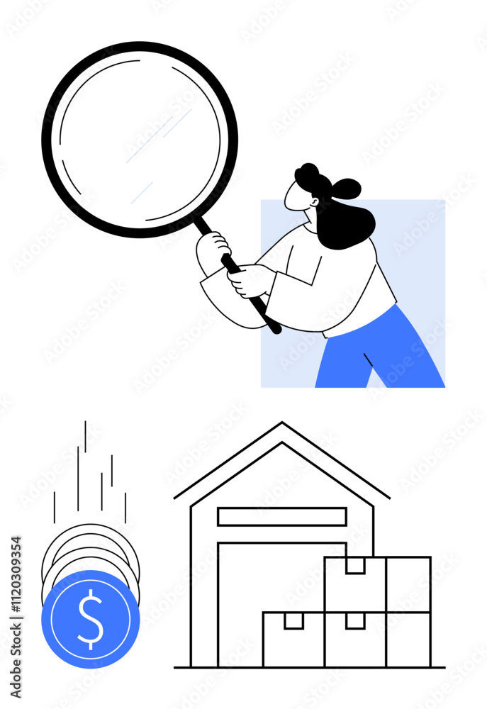Person holding magnifying glass for close-up inspection. Coins cascading adjacent warehouse full of boxes. Ideal for analysis, finance, productivity, e-commerce, storage, logistics, investigation Person holding magnifying glass for close-up inspection. Coins cascading adjacent warehouse full of boxes. Ideal for analysis, finance, productivity, e-commerce, storage, logistics, investigation