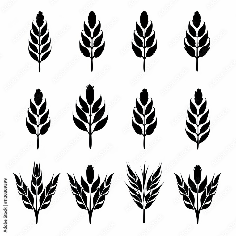 Fototapeta premium Wheat icon, rye ears sign, barley emblem, oats, cereals symbol, wheat ear, seeds, corns set