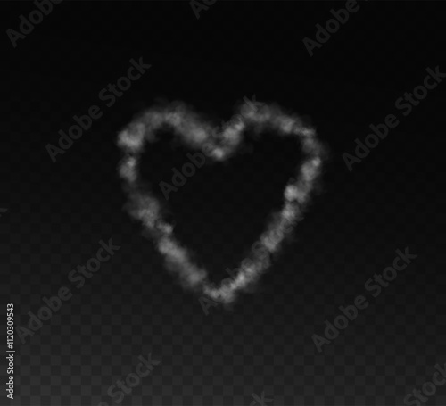 Heart shaped smoke effect, sign of love, smoke hearts, love. White waves of smoke from hot drink, coffee, cigarettes, tea or food. Mockup of fog with swirls.