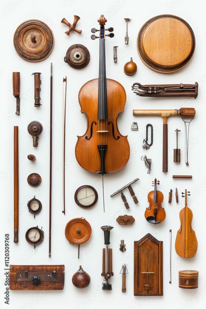 Naklejka premium Antique string instruments, tools, and assorted objects.