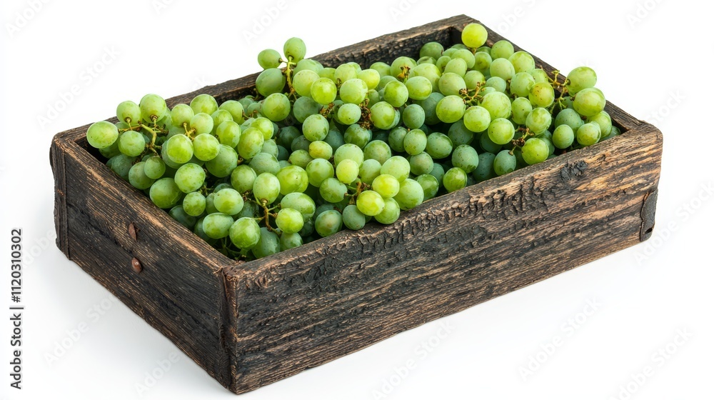 A wooden box filled with green grapes on a white background A wooden box filled with green grapes on a white background
