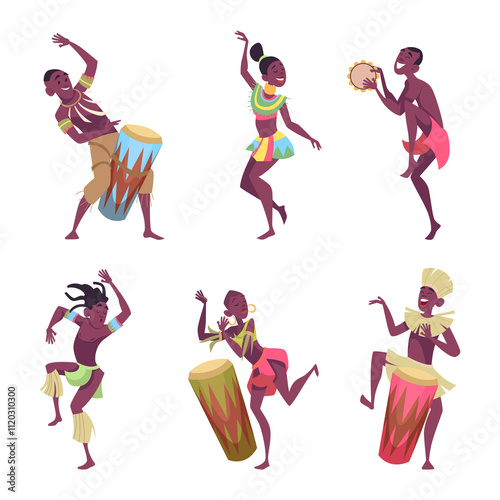 African dancers. Authentic tribal characters male and female in action poses exact vector persons photo