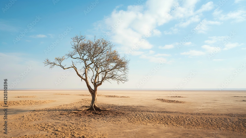 Lonely Dry Tree in a Vast Desert Under Blue Sky, Concept of Solitude, Drought, and Climate Change Lonely Dry Tree in a Vast Desert Under Blue Sky, Concept of Solitude, Drought, and Climate Change