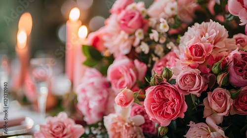 Fototapeta Naklejka Na Ścianę i Meble -  selective focus of pink roses and peonies on table