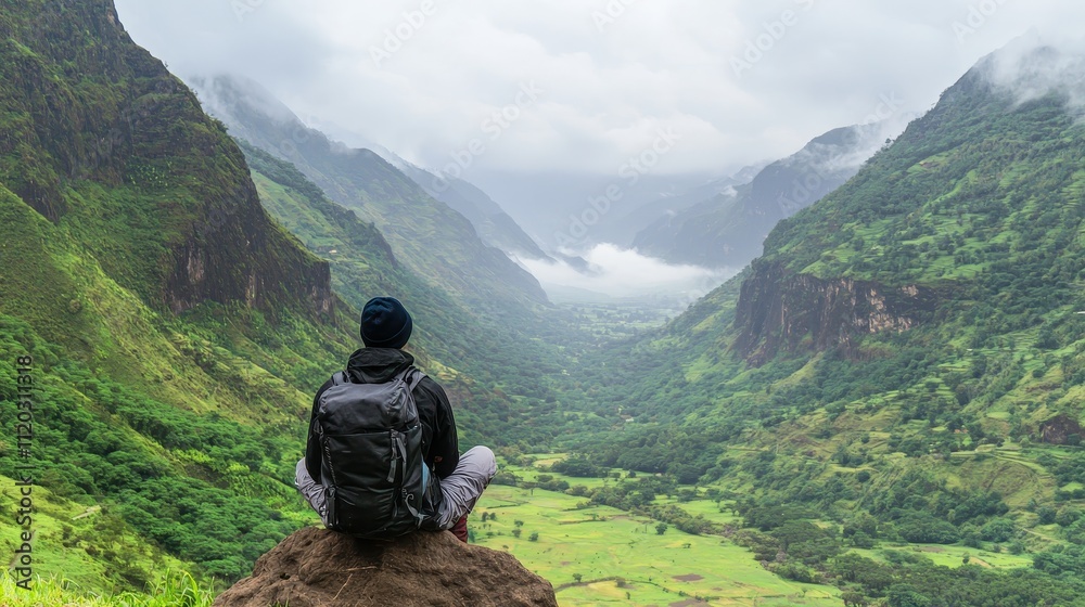 A serene landscape view of a traveler sitting on a rock, surrounded by lush green mountains and misty valleys. A serene landscape view of a traveler sitting on a rock, surrounded by lush green mountains and misty valleys.