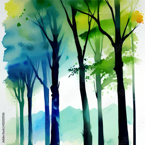 watercolor tree alley vector background illustration