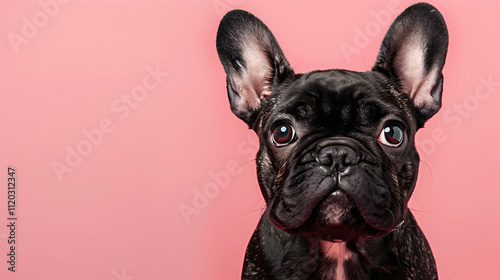 french bulldog with dark nose head up on pink background