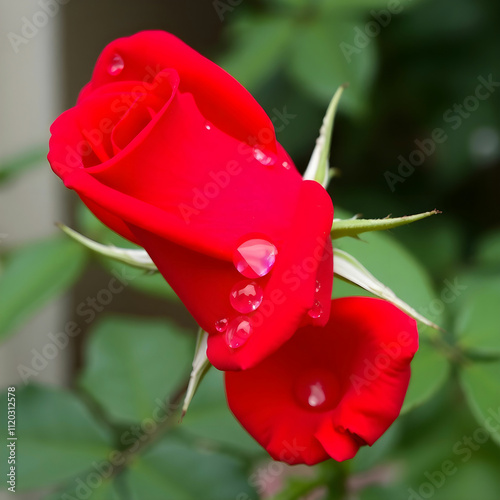 Red rose flower with water drops