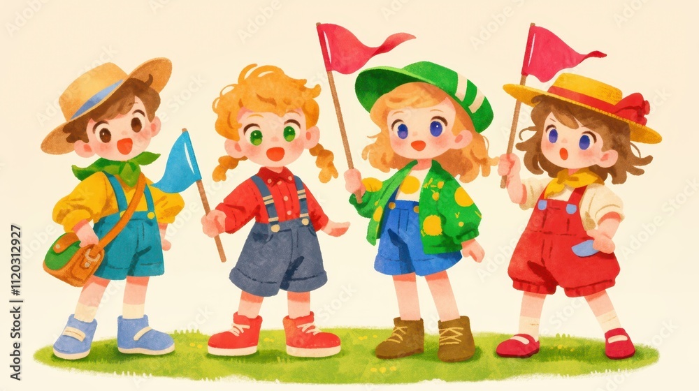 Three Children Holding Colorful Flags Backpacks Festive Celebration Joyful Diversity Unity Playful Outdoor Photography Commercial Stock Image Three Children Holding Colorful Flags Backpacks Festive Celebration Joyful Diversity Unity Playful Outdoor Photography Commercial Stock Image