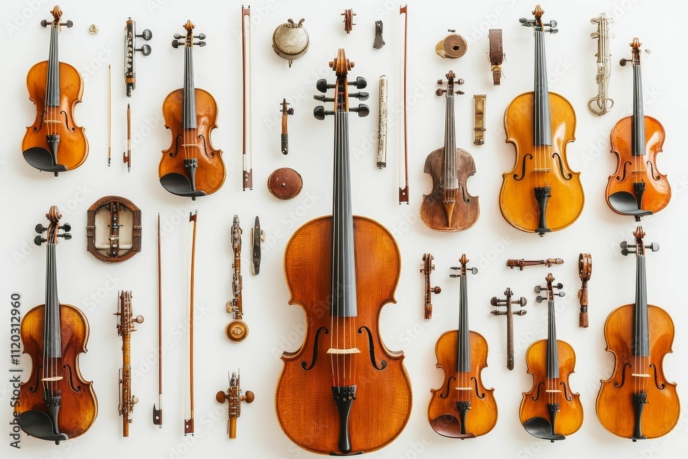 Fototapeta premium String instruments, bows, and musical accessories arranged neatly.