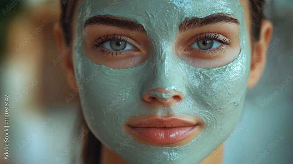 A young woman enjoys a calming spa experience as she applies a green facial mask. Her skin appears fresh and rejuvenated, highlighting a moment of indulgence in self-care and beauty.