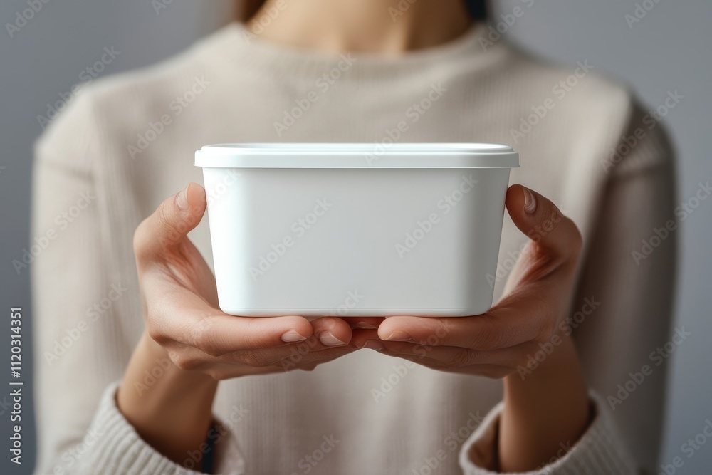 Hands hold a white container, showcasing minimalist design and modern aesthetics indoors