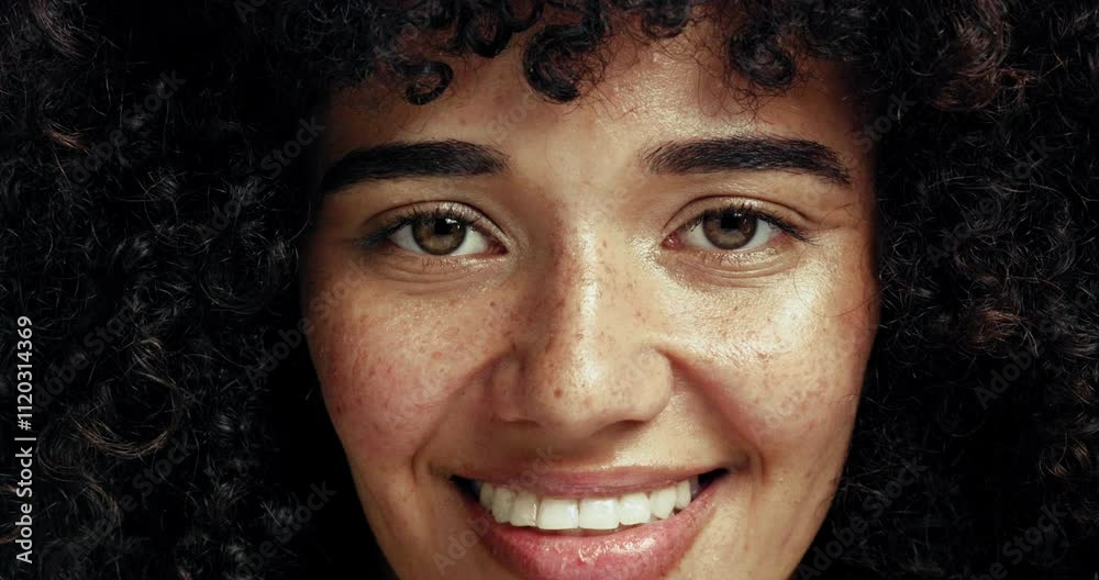 Hair, studio and face of woman with natural hairstyle for texture, healthy curls and wellness. Happy, smile and portrait of person for cosmetics, haircare products and shampoo treatment for salon