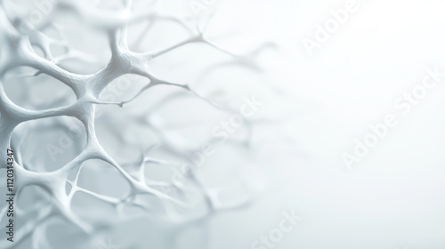 Abstract white cellular structure with intricate web-like patterns on a light gradient background for scientific visuals