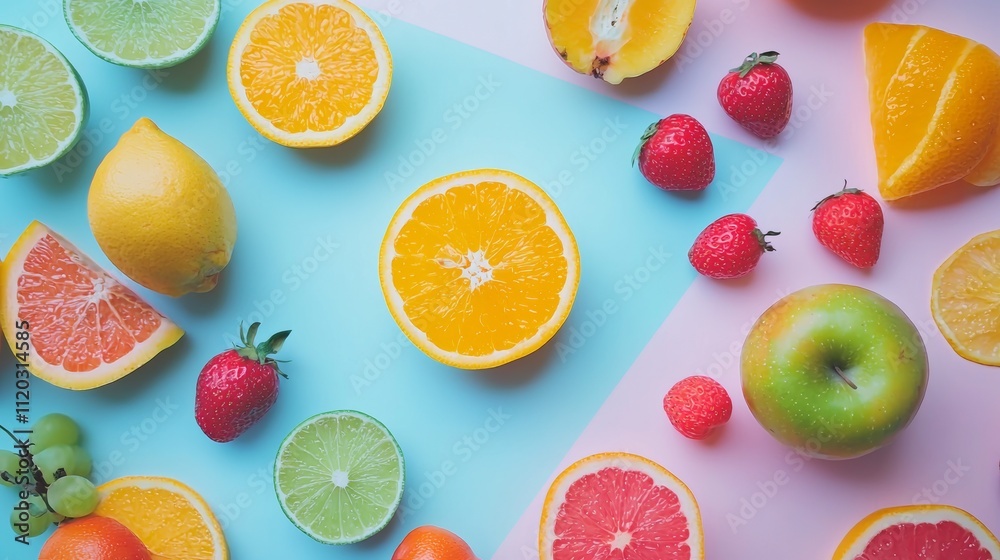 Variety of colorful fruits on pastel background Variety of colorful fruits on pastel background