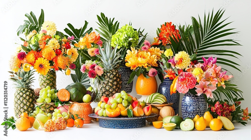 A vibrant arrangement of tropical fruits and colorful flowers, showcasing a lively and festive display.