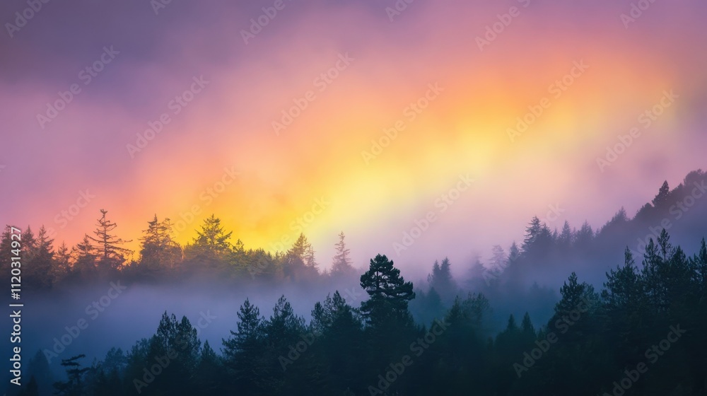 Fototapeta premium Glowing fire rainbow stretching across forest during sunrise, light breaking through mist, creating stunning display of warm hues