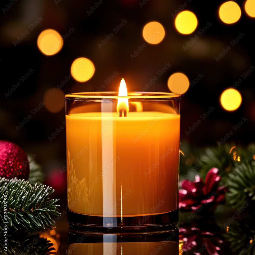 A glowing candle sits surrounded by festive decorations, casting a warm light and creating a cozy, inviting atmosphere.