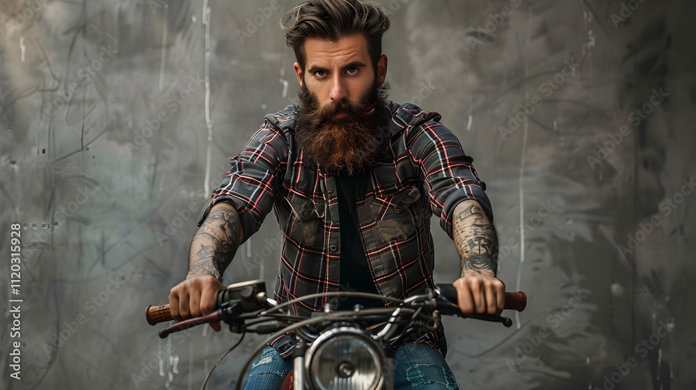 bearded man in checkered shirt standing at bike on grey bearded man in checkered shirt standing at bike on grey